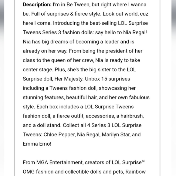 TWEENS NIA REGAL w/ 15 SURPRISES DOLL - Picture 5 of 13